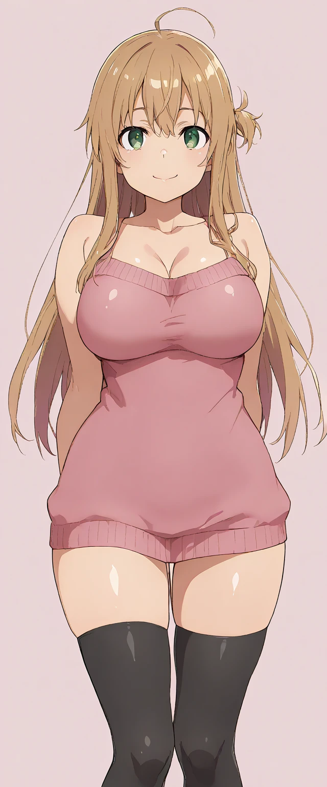 score_9, score_8_superior, score_7_superior, score_6_superior, ,a sketch of a cartoon image of an anime woman holding some sort of rope, 1girl, solo, panties, underwear, long hair, heterochromia, blonde hair, navel, breasts, white background, simple background, detached sleeves, blush, virtual youtuber, thighhighs, sweater, looking at viewer