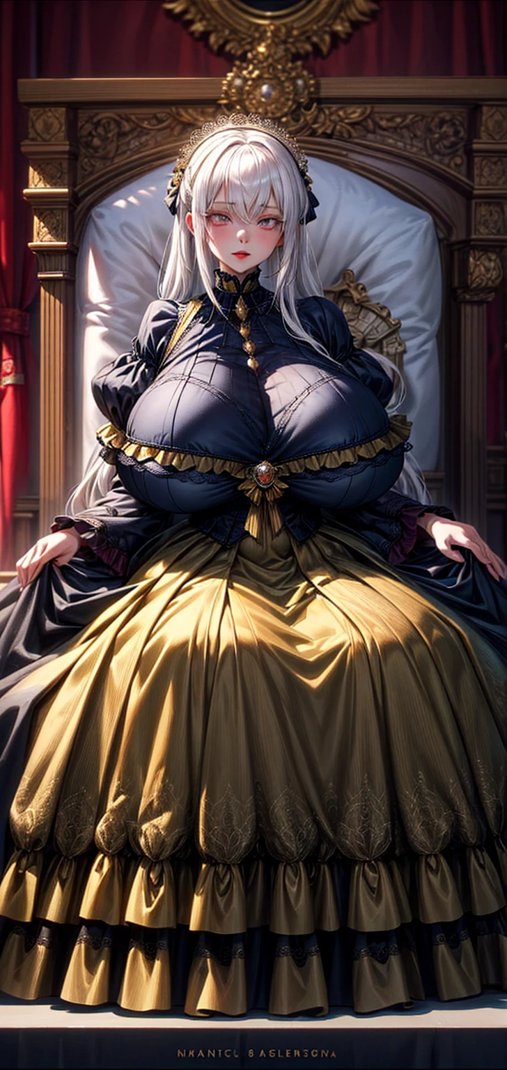 Best quality, masterpiece, ultra high res, raw photo, beautiful and aesthetic,deep shadow, dark theme,(ultra detailed:1.3),
1girl, sitting pose, Headdress, (beautiful face, detailed eye:1.2), embarrassed, (busty breasts, gigantic breasts:1.1), drill hair, long hair, blonde hair, gradient hair, yellow eyes, solo, big hair, blue hair, divine goddess, looking at viewer, indoors, royal palace, medieval bedroom, astraea, full body, nhjy, a dress with a long train and a cape