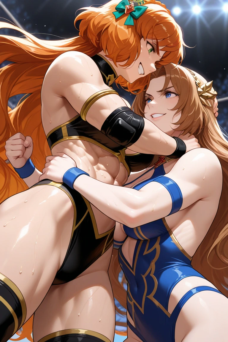 (((masterpiece))),(((best quality))),(ultra-detailed,high resolution:1.2),(illustration),((an extremely delicate and beautiful)),(detailed background), ((((hug from behind)))), sex from behind, standing sex, ((((motion lines)))), vulgarity, (cum in pussy:1.4), (((wrestling ring))), ((1petit girl)and(1boy)), hetero, (1petit girl,short stature),((((artoria caster,(second ascension)/(fate/grand order/)))),official style, (slender body:1.4), (long blonde hair,twintails),sidelocks,ahoge, green eyes, (middle breasts), ((She wears white dress, long sleeves, blue beret, black pantyhose, blue footwear, blue cloak, blue bow)), ((((ahegao)))), (rolling eyes:1.4), (trembling), (cum on clothes,cum on body,excessive cum:1.4),cum facial,bukkake,cum on hair, clothing aside, clothed, (1boy,tall stature:1.4),((((tartaglia/(genshin impact/)))), large penis, he looks evil grin, text,