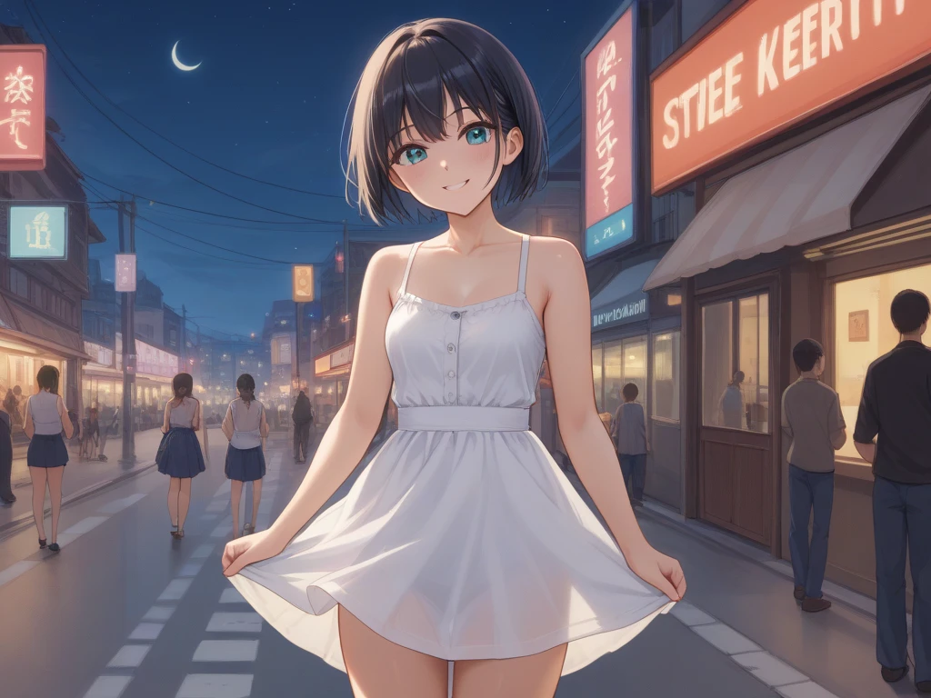 (highest quality:1.5,Cowboy shot:1.2),(perfect beautiful face:1.2),(perfect and beautiful posture:1.2),(Solo,Japanese girl),((messy short cut hair), (confused:1.3,embarrassed), shyness:1.1),((flat chest:1.4)),(open mouth,(simple White dress,stripe Panties),black hair,Looking away,(at the City alley:1.3,nearly the strip show theatre entrance),(scared expression,constricted pupils:1.3,tears), pov, (((pov hands:1.2, assisted exposure:1.3, pulled bra by another:1.3, undressed simple dress by another:1.3, undressing Panties by another:1.3))), shiny skin, oiled skin,embarrassed,(nipples slide),sticky with a lotion and sweat　