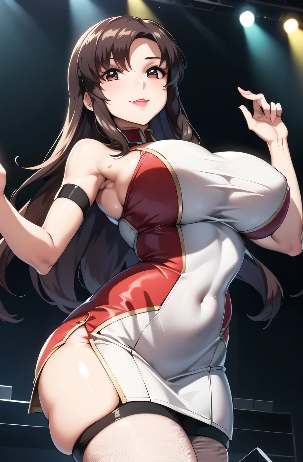Anime illustration、highest quality、Voluptuous gravure model、Shibuya Rin、fashion show、Walking the runway、Seductive smile、Very large breasts、Thick legs