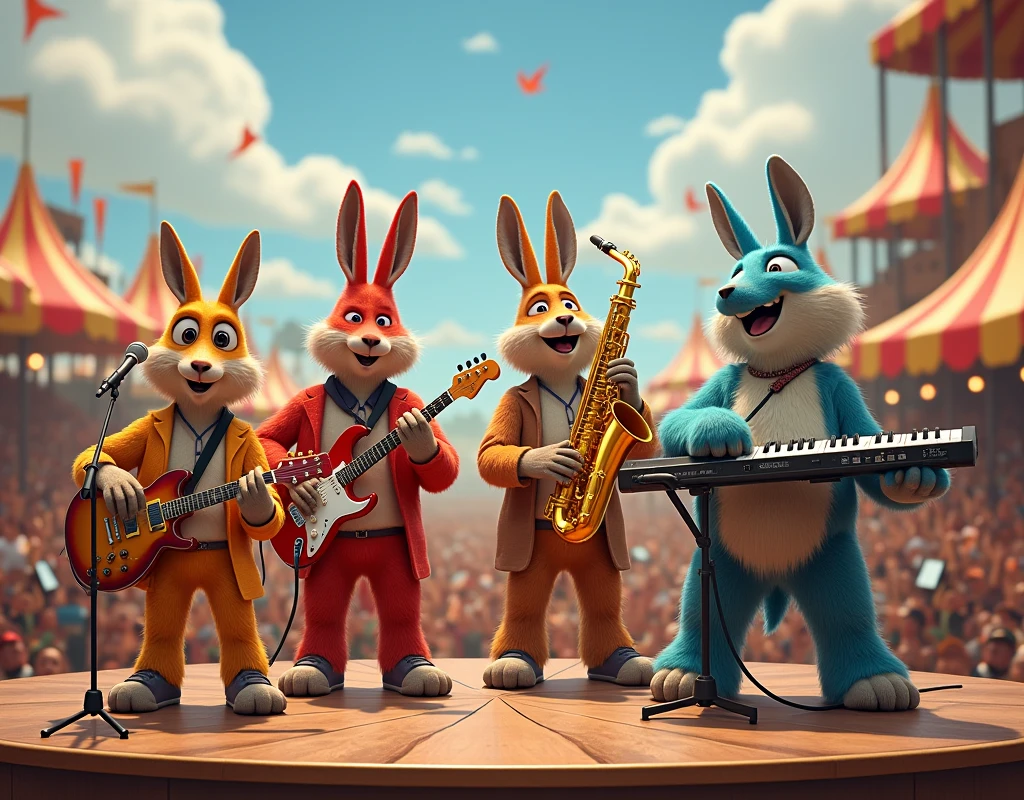 At a music festival, on a band stand, a group of anthropomorphic ...