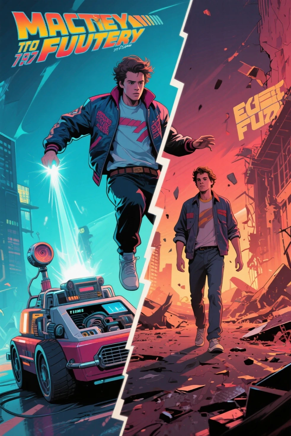 nvinkpunk, 8k, masterpiece, best quality, ultra-detailed, back to the future movie poster with a man in a jacket and a car on fire and a sky background, by David Young Cameron