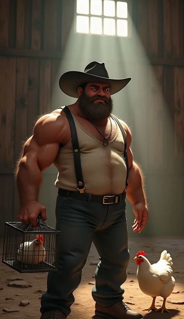 A fat northeastern dwarf with a cowboy hat, a red button-down shirt open showing his belly and a gold chain, NO BEARD