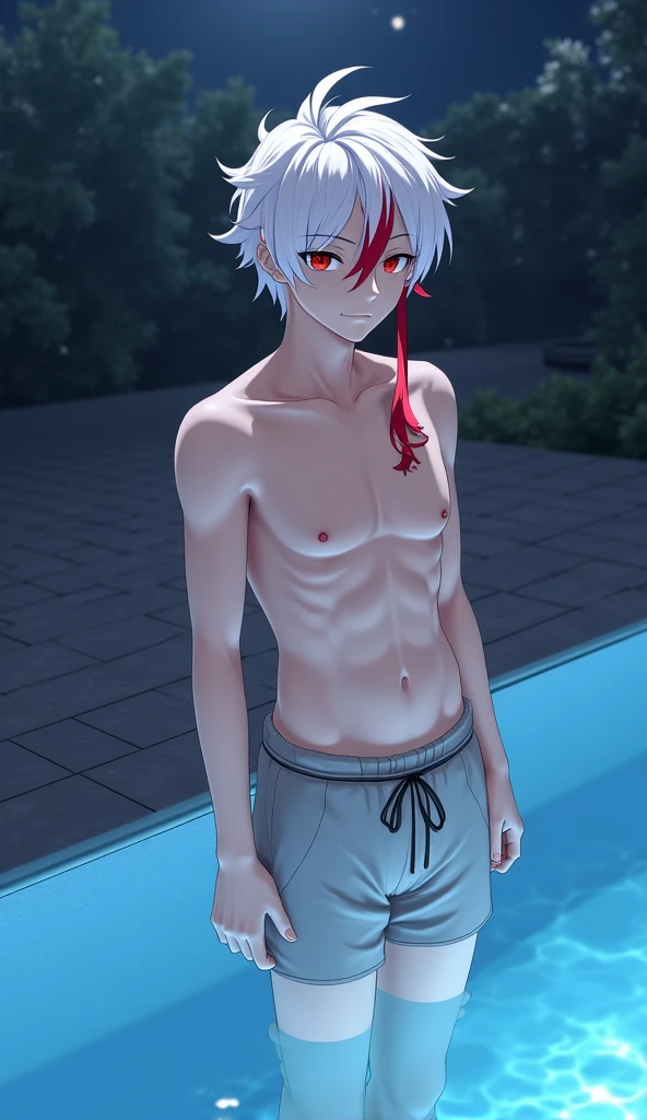 very thin boy11 years old without a shirt, Without clothing, thin, Blue eyes, white hair with red tips, wet body in white swimming trunks, straightens his hair embarrassedly