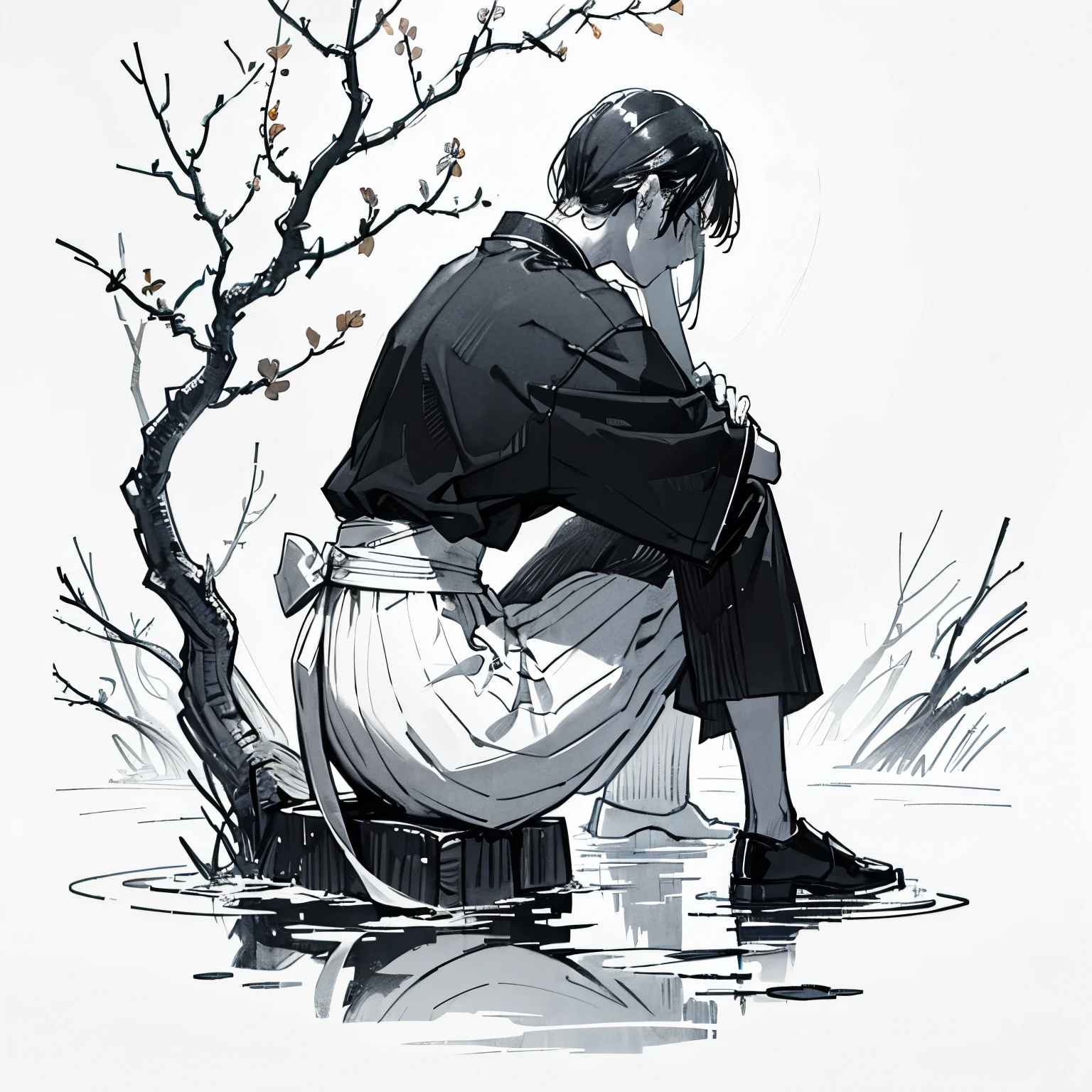 Distant view. Ink painting. Rough sketch. Ink sketch. Harakiri. Seppuku. The sword is stabbed into his own stomach. Composition seen from the side. Sitting upright. Crouching. Silhouette of a samurai with his head bowed and a flowering branch on his back. Black and white. Set against a plain white background, it conveys a sense of struggle and transformation.