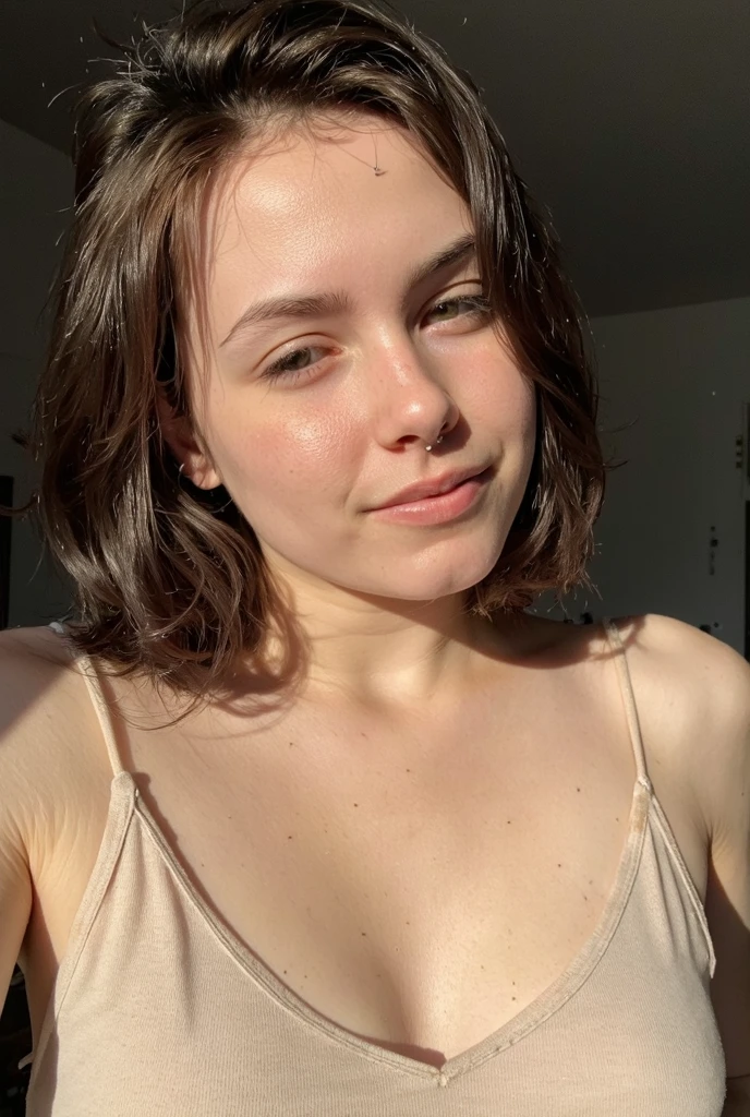 Photo of beautiful 24 y.o swedish girl from below, medium length dark brunette hair, wears a full white oversized t shirt, (dark brown eyes:1.2), pale skin, arrogant smile, with an air of superiority, busty, giant breasts, outside, rural town, UK, blurred background, clouds in the background, cloudy day