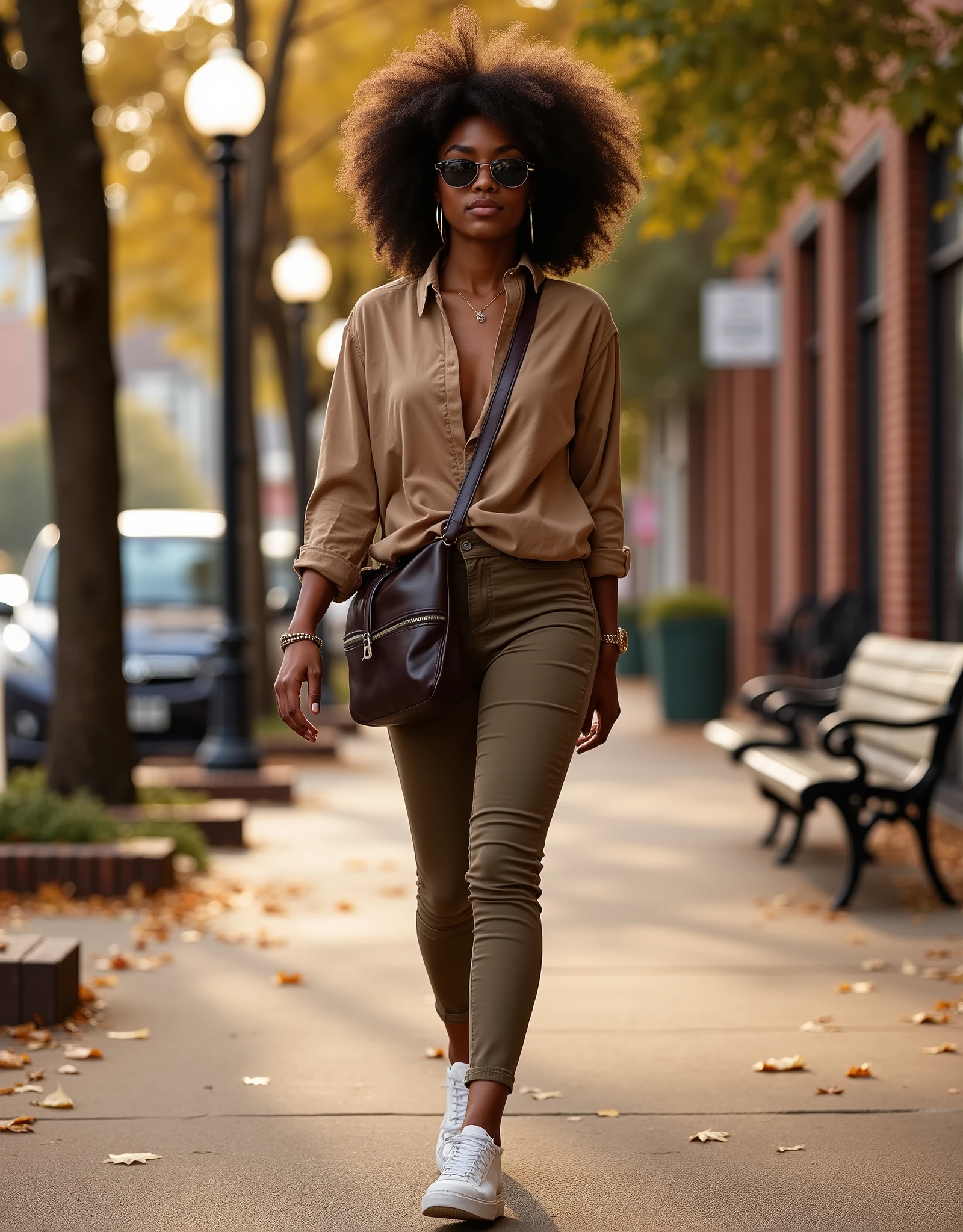 Generate an ultra-realistic, cinematic image of a young woman with voluminous natural afro hair walking confidently along a tree-lined sidewalk. The composition should be a medium shot, capturing her from the waist up, focusing on her confident facial expression, stylish posture, and outfit details. She is wearing a light brown long-sleeve blouse made of linen or cotton, featuring an elegant and subtle draping, paired with khaki slim-fit pants that accentuate her fitness-toned silhouette. A crossbody leather bag in dark brown or black with discreet metallic details hangs at her side. She wears white sneakers or low-cut ankle boots, small silver or gold hoop earrings, a delicate bracelet, and sunglasses pushed up on her head for a casual yet polished look. In one hand, she casually holds a disposable coffee cup, and with the other, she lightly touches the strap of her bag or slips it into her pocket. The background shows a paved sidewalk of cobblestones or asphalt, lined with brick walls or subtle urban graffiti, interspersed with park benches and streetlamps. Autumn leaves are scattered across the ground, and soft sunlight filters through overhanging tree branches, creating dynamic patterns of light and shadow across the path. Light settings: Golden hour atmosphere — warm, natural light casting a golden glow on her glowing brown skin and adding richness to the earthy tones of her outfit. Use soft bokeh in the background to emphasize her presence sharply against the dreamy, urban landscape. Capture the mood with a natural, flowing motion, evoking effortless urban elegance and a sense of personal freedom. The overall vibe should be streetwear chic — a sophisticated yet relaxed modern aesthetic.