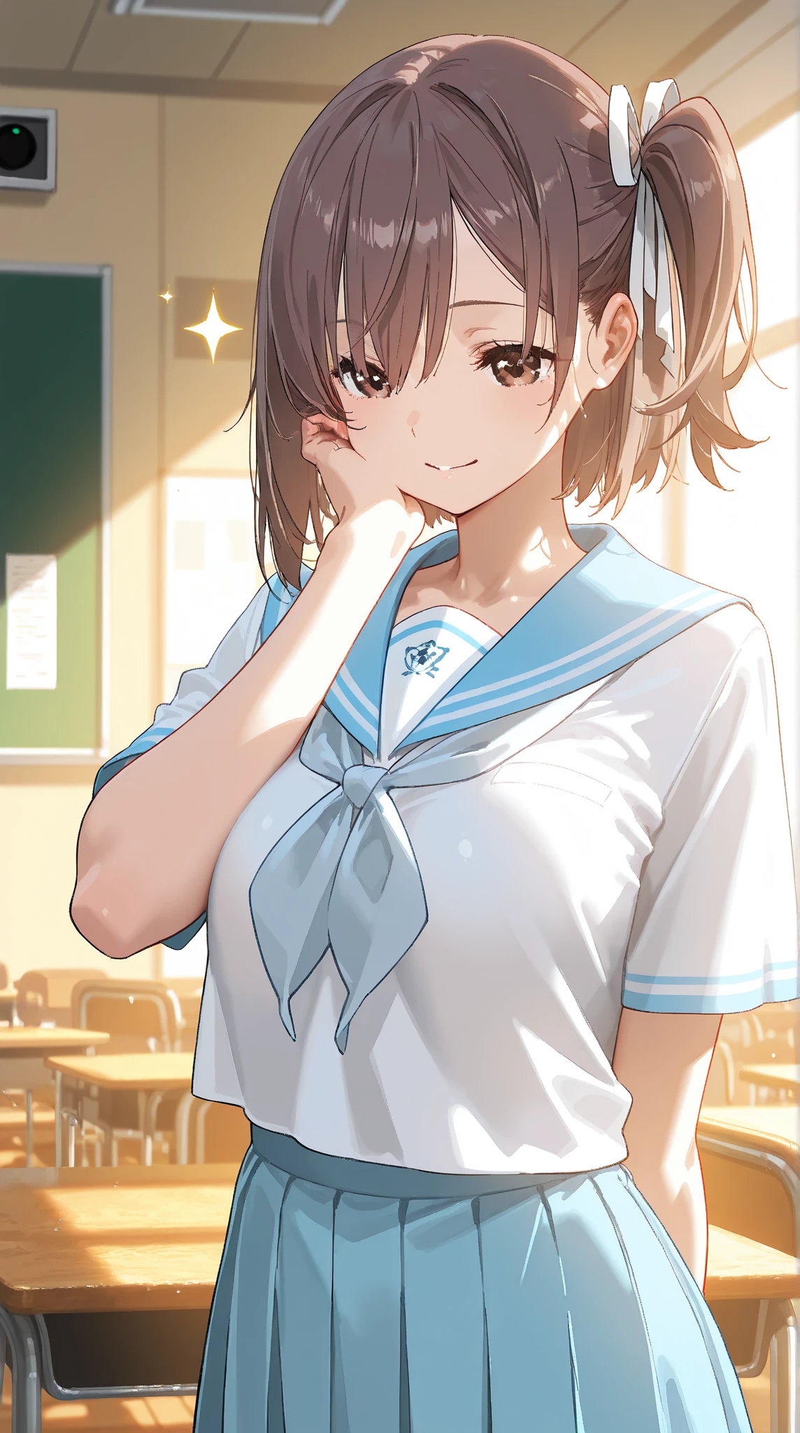 Highest quality masterpiece High resolution masterpiece Brown Bob Grey Eyes, high pony tail cut, wearing sailor uniform, seductive smile, tight, sit, classroom, midriff peek, mature female, adjusting hair, earrings,