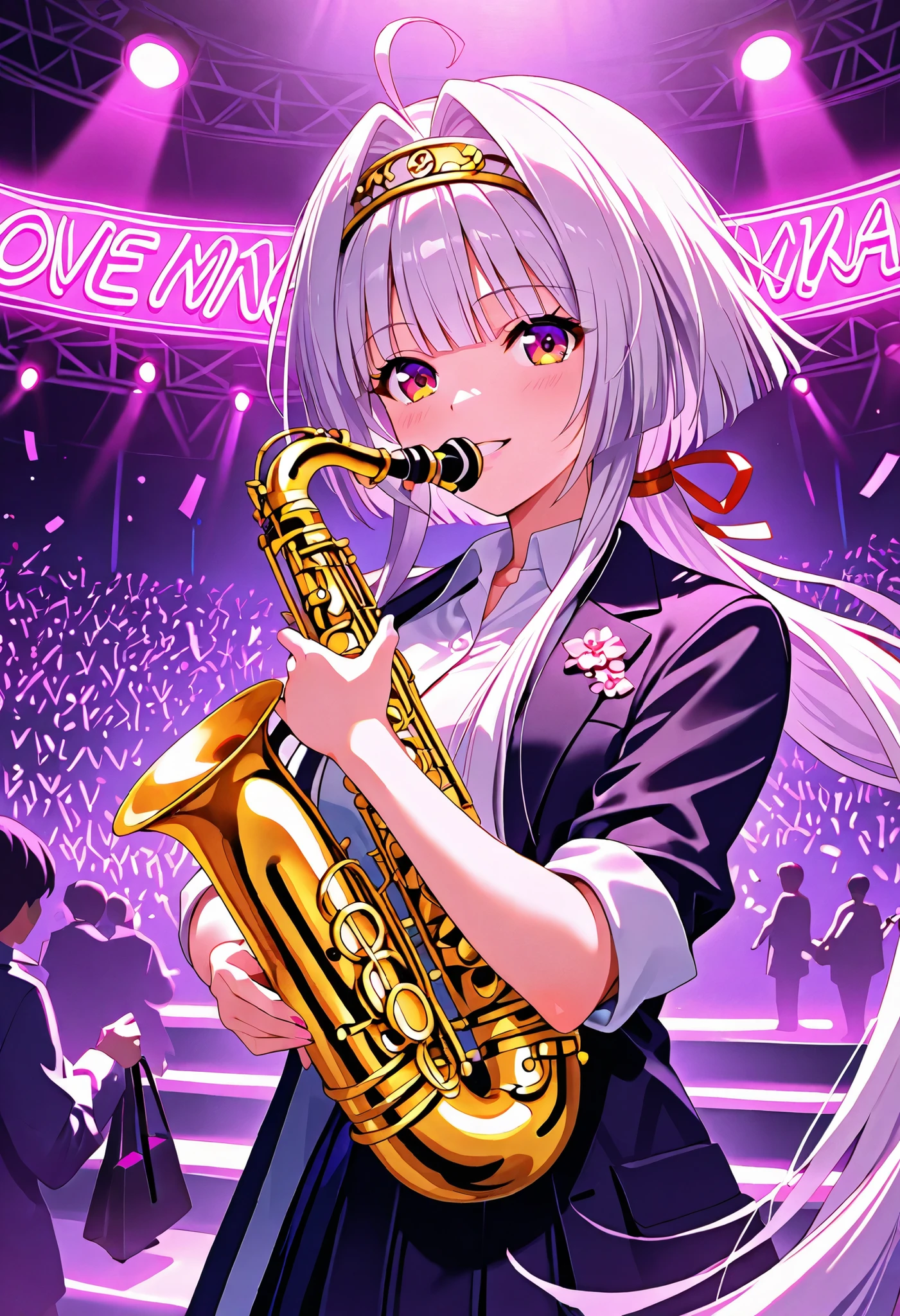 Ashikaga Yoshiteru, center stage in a live music festival, isolated protagonist technique (no background, no other characters), passionately playing a saxophone, neon lights reflecting off her figure, crowd in the distance implied but not seen, energetic pose, intense emotion, lighting highlighting the instrument and her expression of pure joy, eyes focused, surrounded by a vibrant, electrifying atmosphere.
