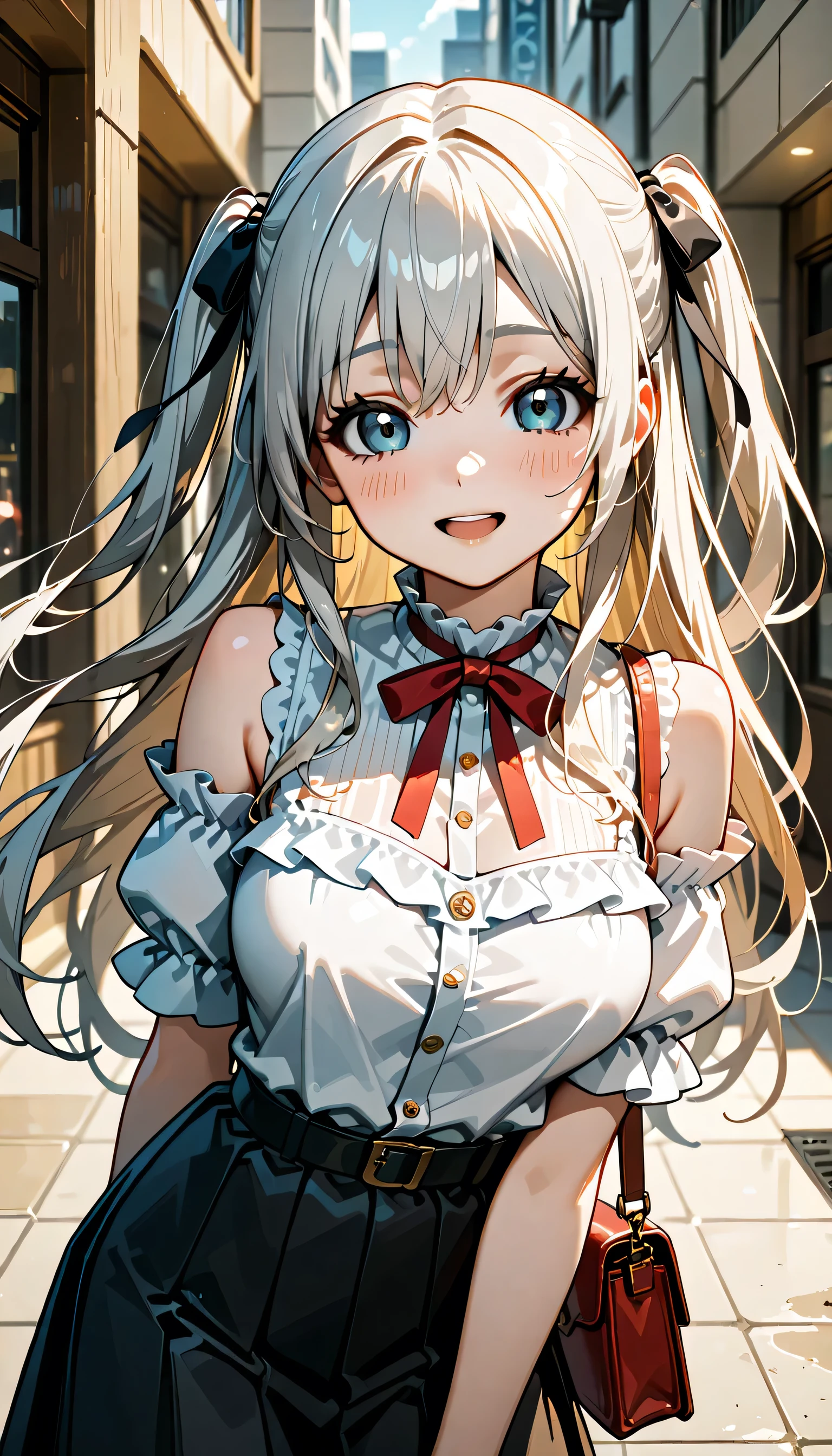 (score_9, score_8_up, score_7_up), source_Anime, absurd_res, white, purple, black, 1girl, solo, upper body, super fine illustration, an extremely delicate and beautiful, best quality, masterpiece, 8K, spring setting, shoppingmall, gentle breeze, sunlight, long silver hair:1.3, two side up:1.2, blue eyes, hair ribbon with black, ample breasts, Pink ruffled blouse:1.3, red neck ribbon, Black wrap skirt, Beige shoulder bag, ultra-beautiful girl, fluttering hair, blushing faces, smile:1.2, embarrassed reaction, looking viewers, dynamic pose, contrapposto pose, soft fabric movement, fluttering petals, warm and bright atmosphere, soft lighting, delicate color palette, detailed clothing folds, flowing hair, lively spring vibe, highly detailed rendering, breathtaking composition,