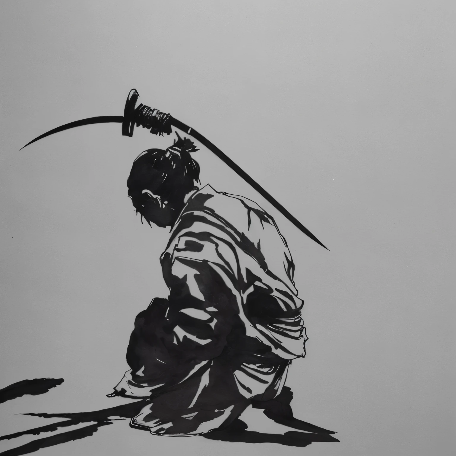Ink painting. Rough sketch. Ink sketch. Harakiri. Seppuku. The sword is thrust into his own stomach. Side view. Sitting upright. Crouching. A silhouette of a samurai with his head bowed and a flowering branch on his back. Black and white. Set against a plain white background, it conveys a sense of struggle and transformation.