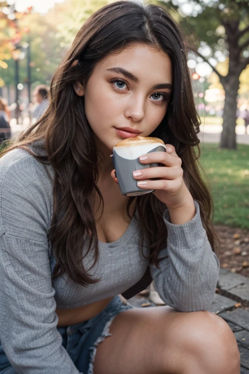 Hyper realistic, brown skin, black hairs, taking selfie, wearing sweater, library background, skin texture, mole on collar bone, 8k, beautiful girl, looking sideways, holding cup