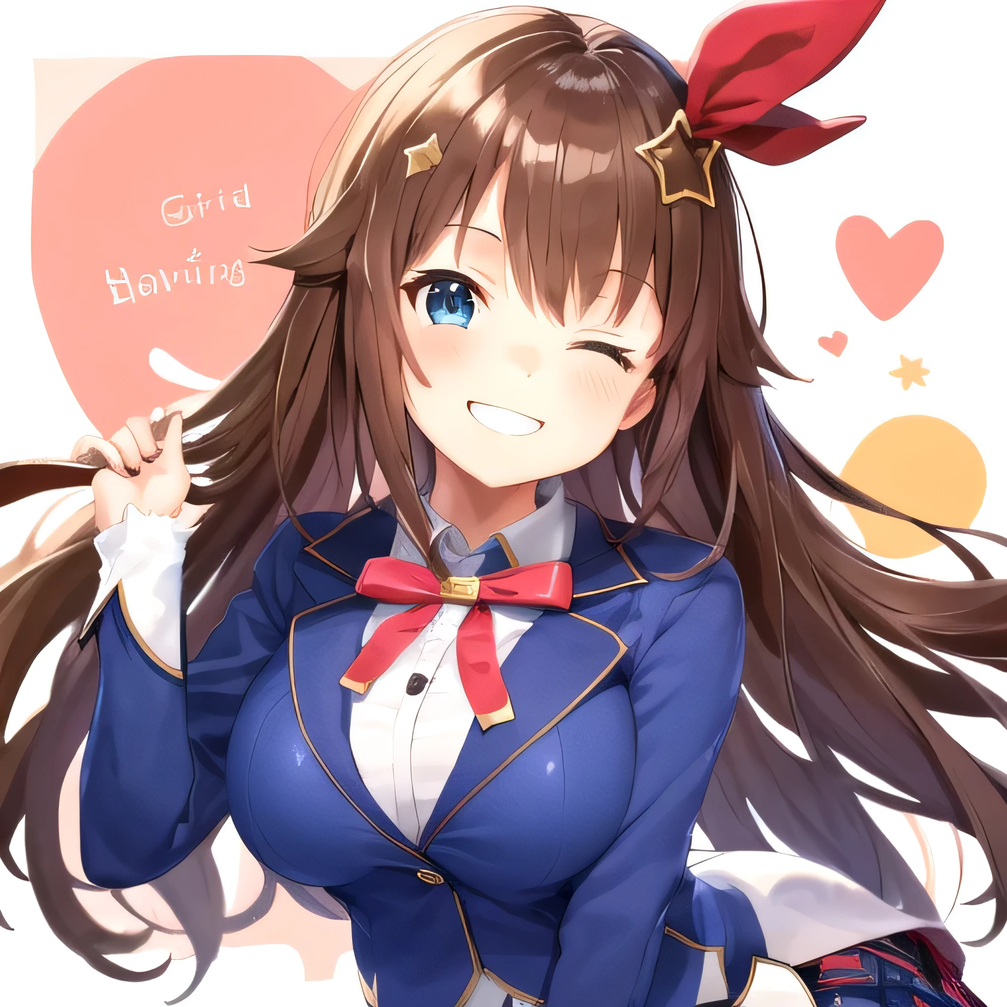 1girl,Tokino Sora,big breast,Long hair,portrait,(detailed_face:1.2),blue jacket, blazer, red bowtie, collared shirt, white shirt, red skirt, plaid skirt, black pantyhose, school uniform,Grinning Face with Smiling Eyes,