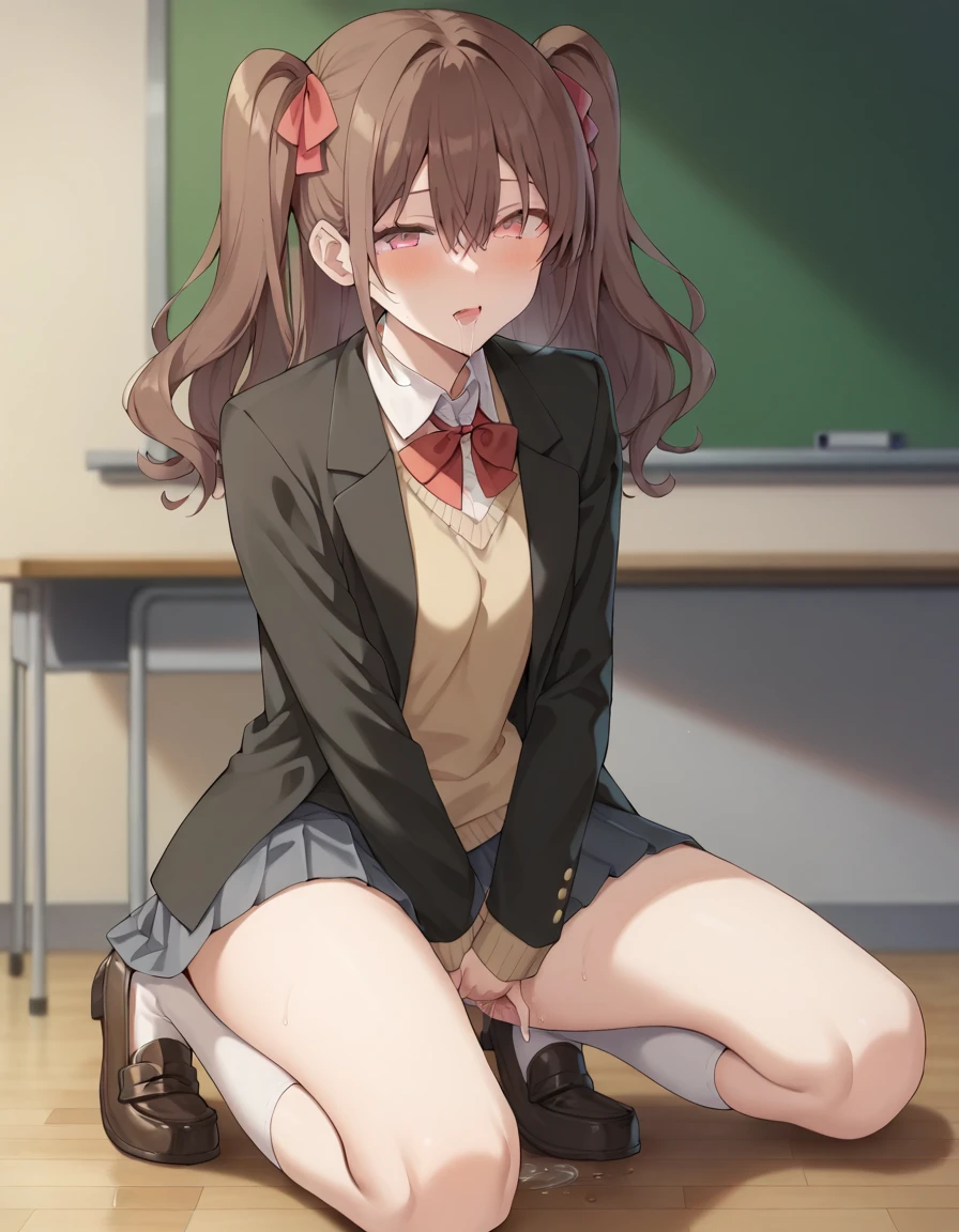 highest quality、masterpiece、1 girl、blush、(smile)、cute、high school girl、((classroom:1.5))、mini skirt、(single braid)、Sit on the ground with your knees upright、Kamimei、look at me、(No panties:1.3)、((shaved pussy:1.5)), ((red bow tie, school uniform, black jacket, open jacket, Brown cardigan, white shirt, black skirt, plaid skirt、loose socks))、 (No panties:1.3)、((shaved pussy:1.5))、(highly detailed labia:1.5)