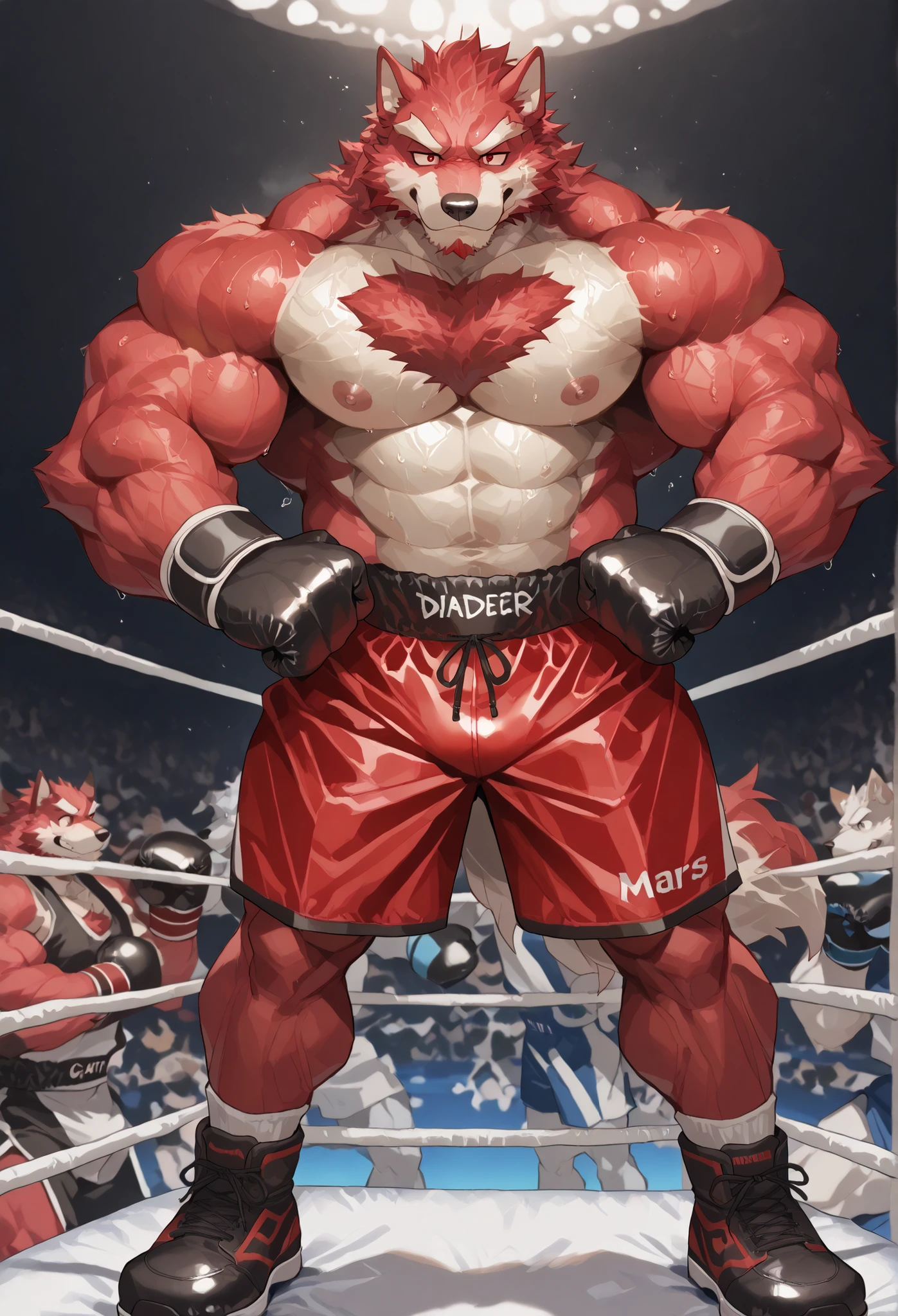 4K, masterpiece quality, pov_boxing, Looking down on the losers, black boxing shoes, black boxing gloves, black boxing trunks with red side lines, full body, depth of field, boxing, proudly pose, hands on hips pose, boxing ring background at midnight, diederich olsen, wolf heavywait boxing champion, gay, furry male, red fur, red eyes, red public hair, bulging heavy muscular, veiny thick arms, carmly looking down on loser, carmly expression, cool smile, bedroom eyes, large pectorals, sweaty body, Angle of the loser looking up from directly below,