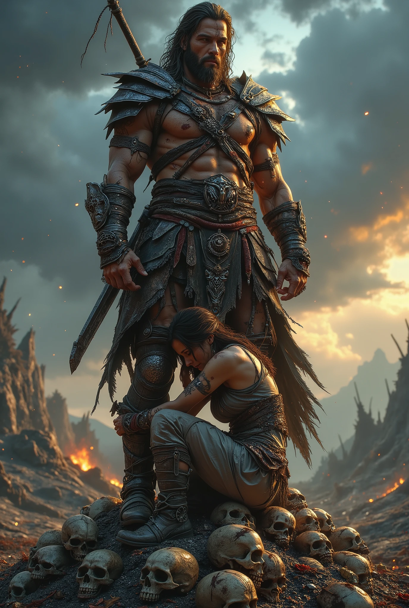 A sword and sorcery style standing male barbarian with a kneeling woman clinging to his leg. They are standing on a pile of skulls on a battlefield, hyper realistic, raw photography, volumetric lighting,