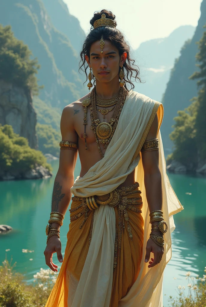 A young male Hindu god, torse nu, portant des vêtements traditionnels hindous, main s'étendant dans un lac, animated inspired style, super detailed, 8k, (best quality, 4K, 8k, high resolution, head of&#39;artwork:1.2), ultra-detailed, (realistic, photorealistic, photo-realistic:1.37), HDR, uhd, studio lighting, Ultra fine paint, sharpness, Physics-based rendering, extremely detailed description, professionnel, Couleurs vives, bokeh, animated, Art conceptuel