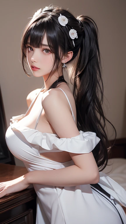 ((masterpiece)), ((highest quality、Ultra high definition)), (Very detailed),8K、(Photo quality)、(((Amazingly cute girl))), (), (bedroomに座っている),White skin、Glossy lips、In a suite at a vast, ultra-luxurious resort hotel, Beautifully arranged black hair in twin tails、Lace fabric ribbon、whole body、(Slim figure)、((Professional Lighting))、White panties are showing through、(((Ultimate cuteness in every way)))、Blake/、(bedroom)、((Small breasts))、Blake/、　(((A large white bath towel is wrapped around the body.)))、It seems visible but it&#39;s not、