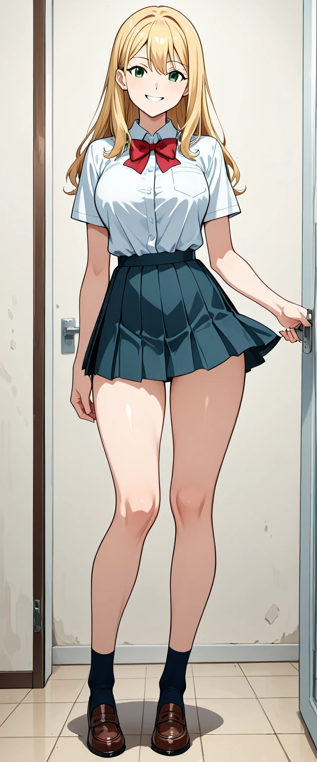 Momoko Koigakubo with her beautiful legs is standing with her arms around a boy's shoulders。
