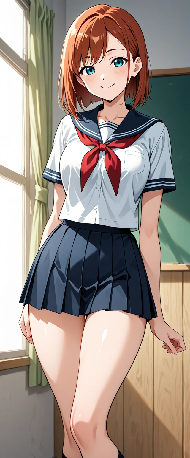 woman,20-year-old,pool,noon,(((miniskirt school uniform))),,open mouth smile((leather thigh high boots))(),(big butt),(()),blush、surprised face,(((I can see your panties))),((((turn around and look back))))(cute underwear)