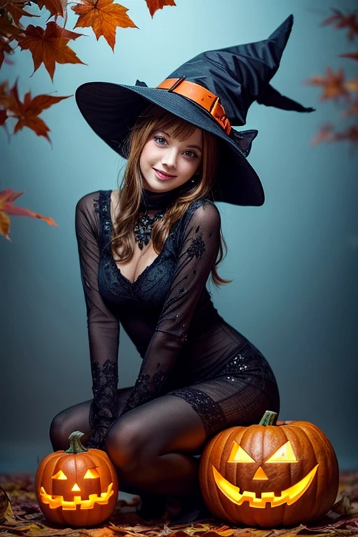 (winter),cute young_woman laughs, freckles, grey eyes, chestnut layered hair, cleavage, looking to camera, solo, half shot, detailed background, witch hat, witch, magical atmosphere, hair flowing in the wind, (orange trimmed light colored sexy clothes),show panty,stripe stockings, whirl wind of swirling magic spell in the air, dark magic, (style-swirlmagic:0.8), floating particles, RAW photo, full sharp, (FullHD epic wallpaper) 8k uhd, dslr, soft lighting, high quality, film grain, Fujifilm XT3