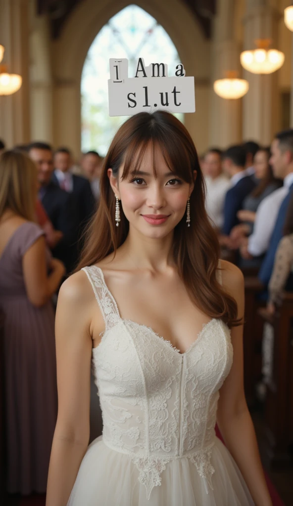 down blouse、(Detailed Wedding Dresses:1.2)、(realistic、Photoreal、super detailed、best detailed skins、highest quality、masterpiece、Super high resolution)、realistic肌タイプ、Japanese、23 years old、very cute girl、shortcut、shot from above、outside the church、Photographed from a side angle、look at the camera、cute smile、Tierra