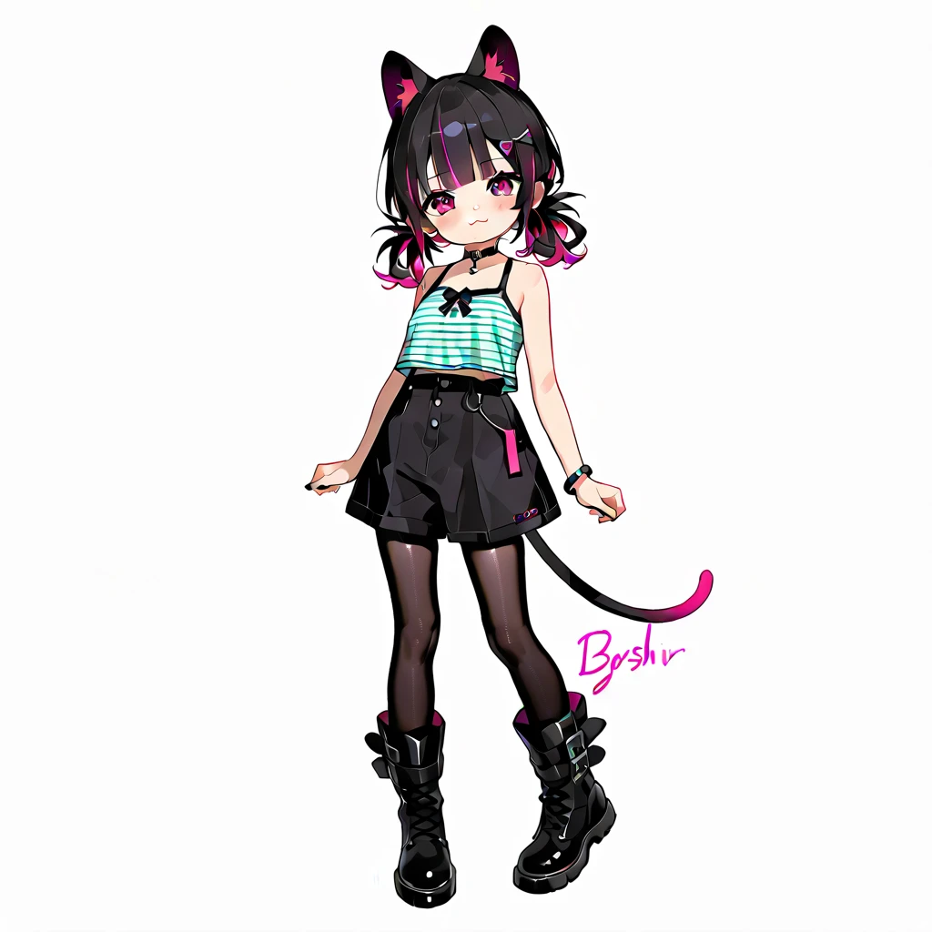 Black haired cat girl with cat ears, pastel pink hoodie, pink collar with bells, black latex shorts, large thighs, pink and white striped rubber thigh high socks, pink sneakers