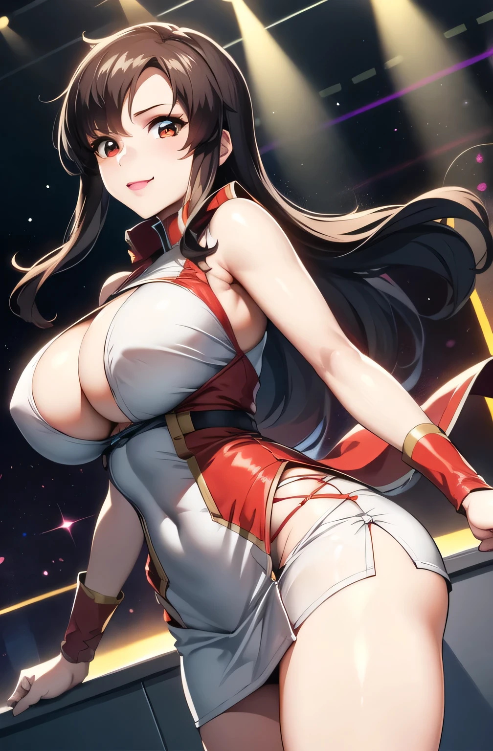 18 year old girl,baby face,brown hair,curls,Zhangzui smile,Huge breasts,Cleavage,Transparent red sleeveless top,Leave space in the middle to reveal Cleavage,Soaked all over,blush,Red eyes,female spy,red miniskirt,White gloves,White hand sleeves,White boots,Science fiction,future,Inside the robot warehouse,robot driver,He has a pistol hanging from his waist,Lipstick,Nipples exposed,Wear a mecha belt around your waist,Wear a mecha on your arm