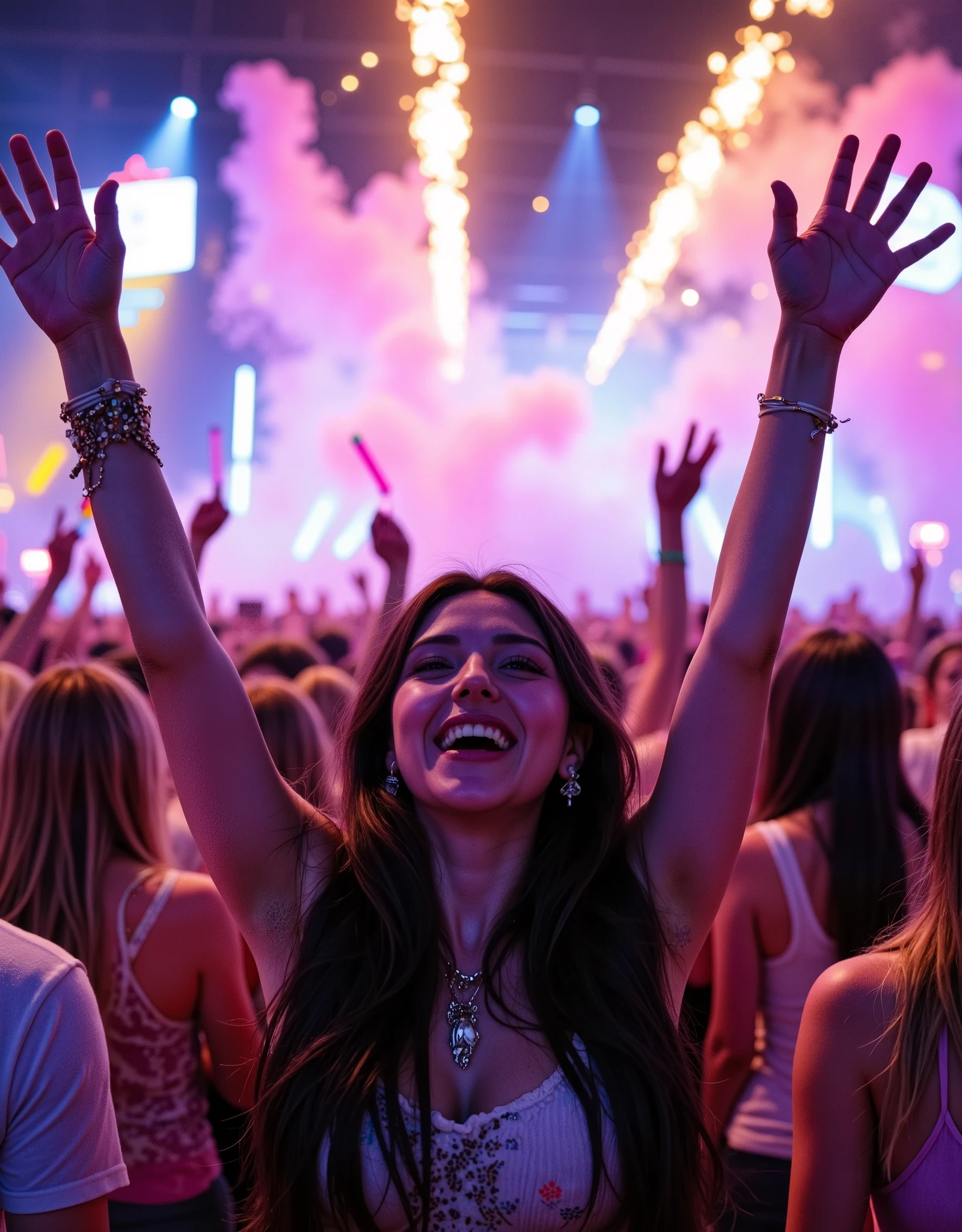 The scene of the festival where the neons explode,The audience holds up their arms and cheers frantically,glow sticks to form a flowing galaxy,The crowd surges like a boiling wave,Sweat and cheers intertwine,Colored powder drifts in the air,Close-up footage captures the fiery moment of the audience roaring and shouting。