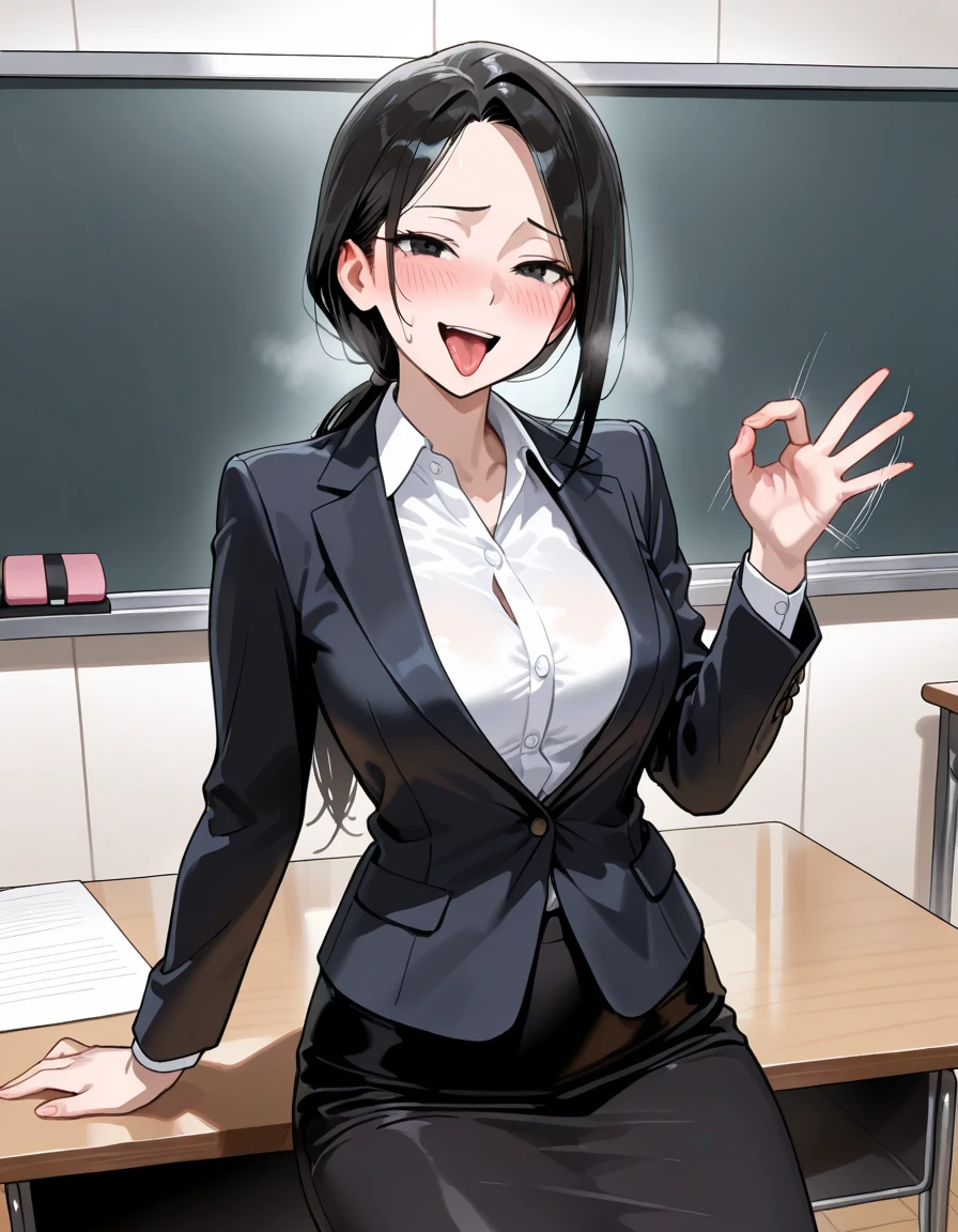 <lora:twisted_torso_v0.1:1>
1girl, pencil skirt, collared shirt, office, glasses,from behind, breasts, lanyard, v sign,, masterpiece, best quality, highly detailed