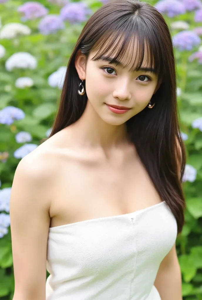 (Highest quality:1.4),(masterpiece:1.4),(Realistic:1.4),(Realistic:1.2),(超High resolution, RAW Photos:1.4),(High resolution, Very detailed:1.2),(8k:1.2),Movie Photos,Photographed in natural light, a photo of a dark-haired,One Girl,smile,Spring Clothes, Simple Earrings,alone,wear,((Upper Body:1.3))