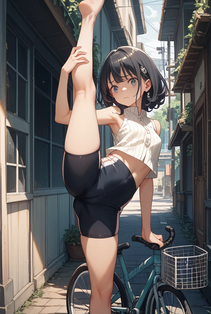 10 and 8 year old girls、blonde, Long Hair, blue eyes, Black Hair Ribbon,  white shorts, spats, Happy, Hilarious, Day, outside, White shoes, flat, short, Playing on the jungle gym in the park、Wet with sweat