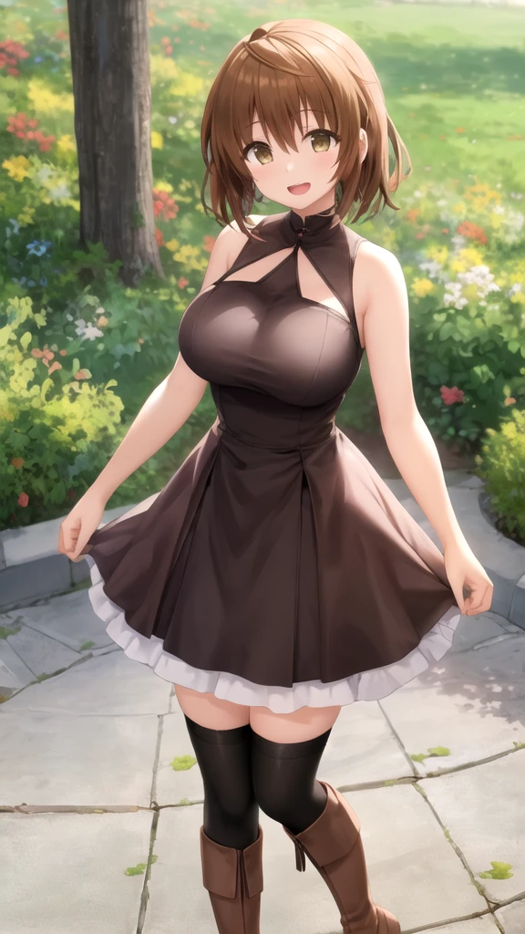 1girl, natural lighting, masterpiece, highly detailed, illustration, game CG, absurdres, high quality, aichan, large breasts, beautiful detailed eyes, medium hair, twintails, bangs, glossy lips, lips parted, blush, garden, standing, gothic lolita dress, collarbone, cleavage, jewelry, choker, necklace, bracelets, armband, annoyed, hands on hips, thigh highs