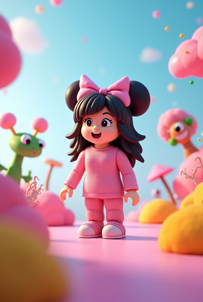(best quality:1.4),(glossy skin), body focus, (cute face), (((best quality))), illustration, ((Beautiful finger)), , Beautiful body, beautiful character design, ,perfect lighting , colorful, bright_front_face_lighting, ultra high resolution, high resolution, absurdities:1.2, bokeh:1.2, lens flare, (vibrant_Color:1.2), , (thick thighs:1.1), thick, Black hair with Colored sprinkles, red bow, sweatshirt with purple hood, big brown eyes, pink blush on her cheeks, content expression, skirt, Vanellope von Schweetz as a teenager.