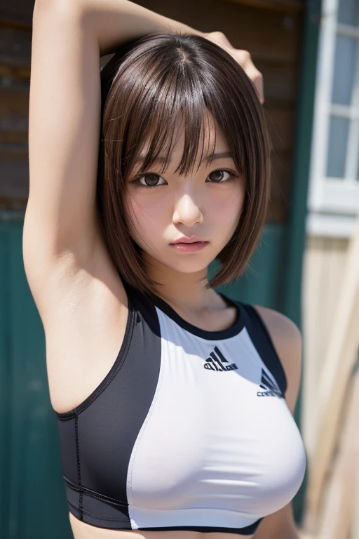 photorealistic,(masterpiece, best quality:1.1),rikujou,1girl,cute,teenager,(Track Uniform,Undressing),embarrassed smile,baby face,bob cut hair,blunt bangs,beautiful detailed teeth, eyes with large brown irises, small mouth, fresh lips,nose blush,small breast, sweat,in Athletic field,beautiful lighting, volumetric lighting, dynamic angle, looking at viewer, (photographic portrait), sharp,nfsw,