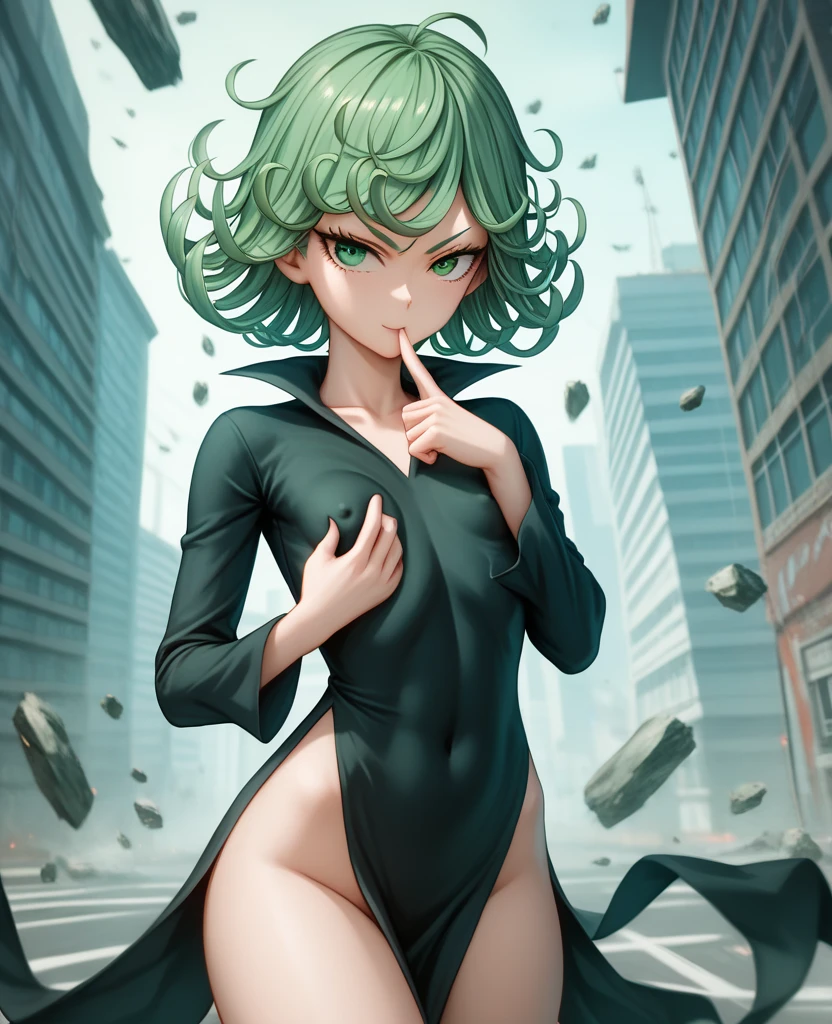 1girl, alone, Tatsumaki One Punch Man floating over a city, Anime girl, short hair, green hair, green eyes, Tatsumaki black outfit, Tatsumaki (One Punch Man) Clothing style, Black clothing, Black dress, long sleeve, pelvic curtain, Detailed clothes, masterpiece, symmetrical, serious face, very small breasts, small breasts, medium thigh medium waist, wide hips, 1 girl, bright green eyes, City Background, Sky Background, View from above, Bokeh, 4K Masterpiece, HDR , Anime art style, One Punch Man art style, sharp colors, vivid colors, green particles, iom