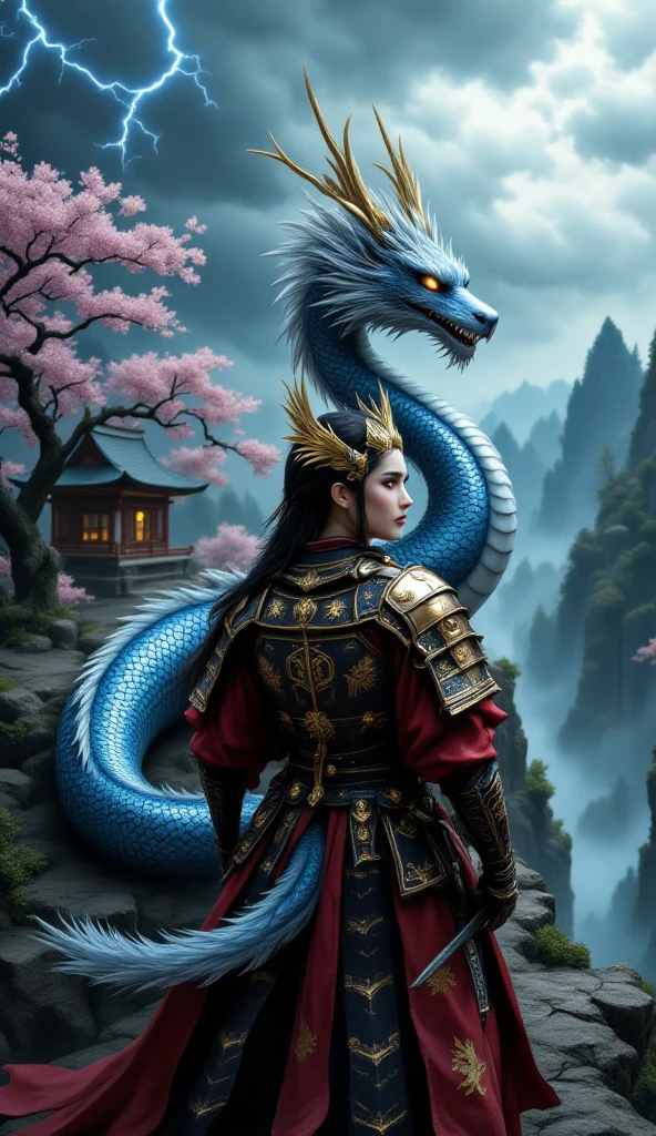 Chinese style, masterpiece, best quality, super detailed, , high contrast, a blue Chinese dragon looks down on the girl, the girl looks at the dragon, fairy mountains, clouds and mist, Chinese style