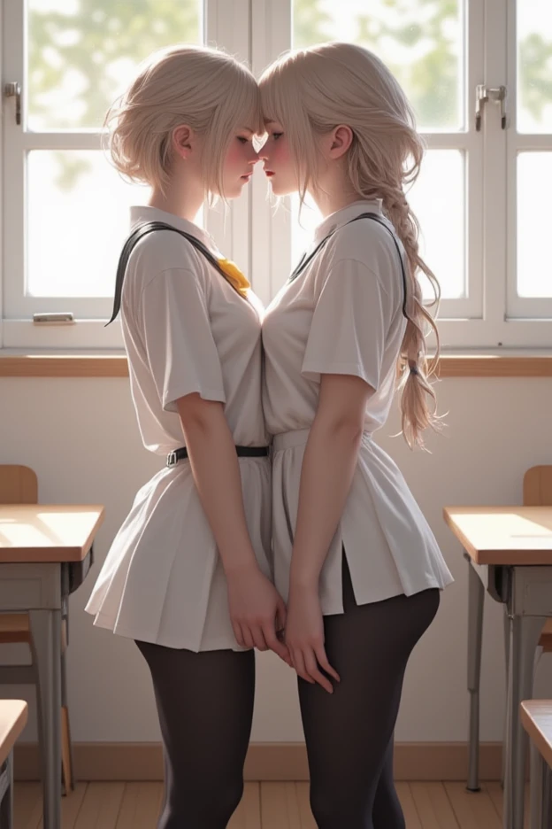 Three 20-year-old girls with blonde hair, wearing white shirts with a deep V-neck, are in an empty classroom. The atmosphere takes a BDSM twist as one of the girls becomes the submissive slave, with a plump figure adorned in black lingerie and black stockings. There is a great emphasis on the larger, exposed breasts, while another girl sits provocatively on a table with her exposed buttocks, wearing high heels. Their detailed eyes captivate the viewer, while the girl in leggings adds an extra allure. The scene intensifies as the girls engage in a passionate kiss, exploring their lesbian desires. The entire image is captured in stunning 4k high resolution, ensuring every detail is crystal clear.