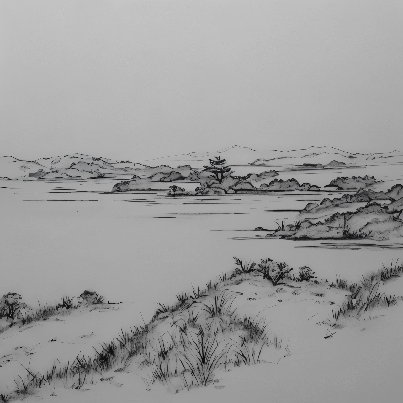 Distant view。ink painting。Rough sketch。ink sketch。Black and White。drawn on a plain white background。