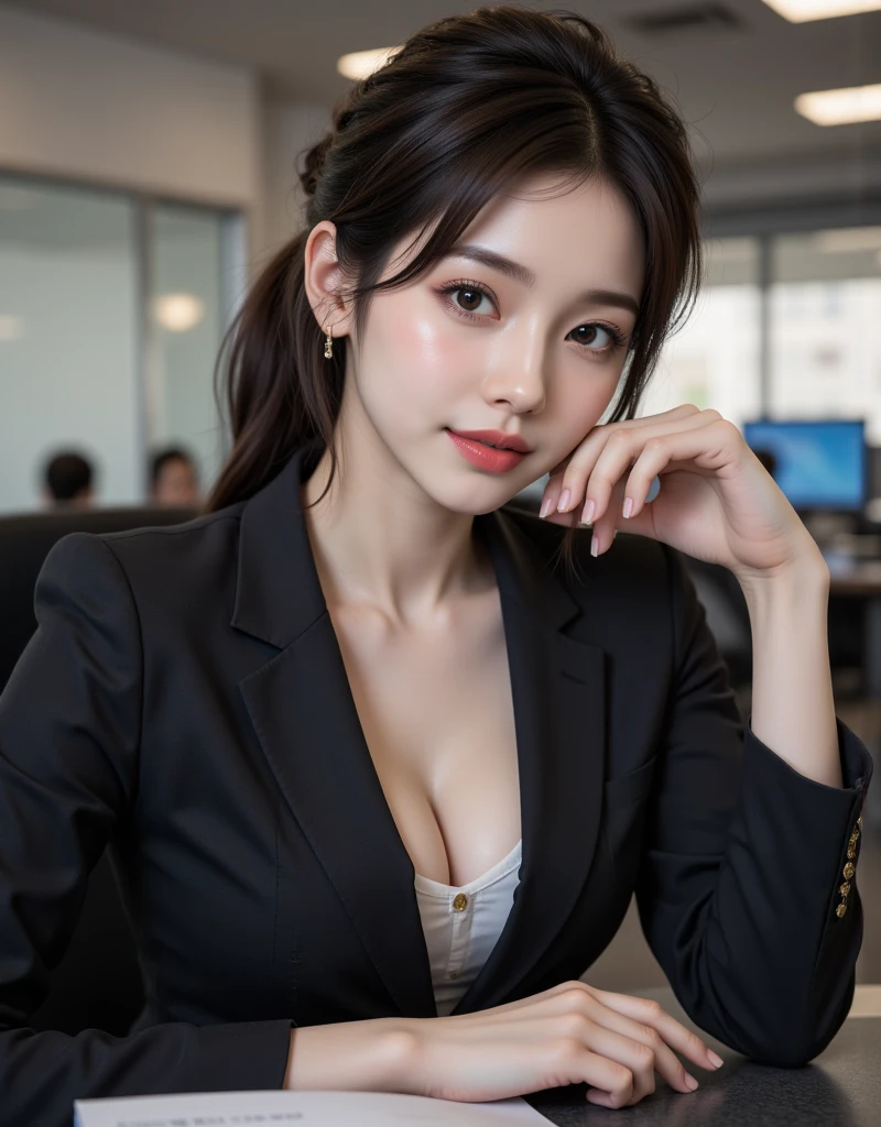 (Details of a very beautiful face), Beautiful girl of the highest grade, Super beautiful detailed face, (business suit with wide open chest), pants suit, Gloss on lips, Staring at me, Slender Abs, cleavage, skinny physique, cross arms, cross legs, sit on a chair, office,(best quality, 8k, 32k, masterpiece, UHD ,photorealistic:1.3)