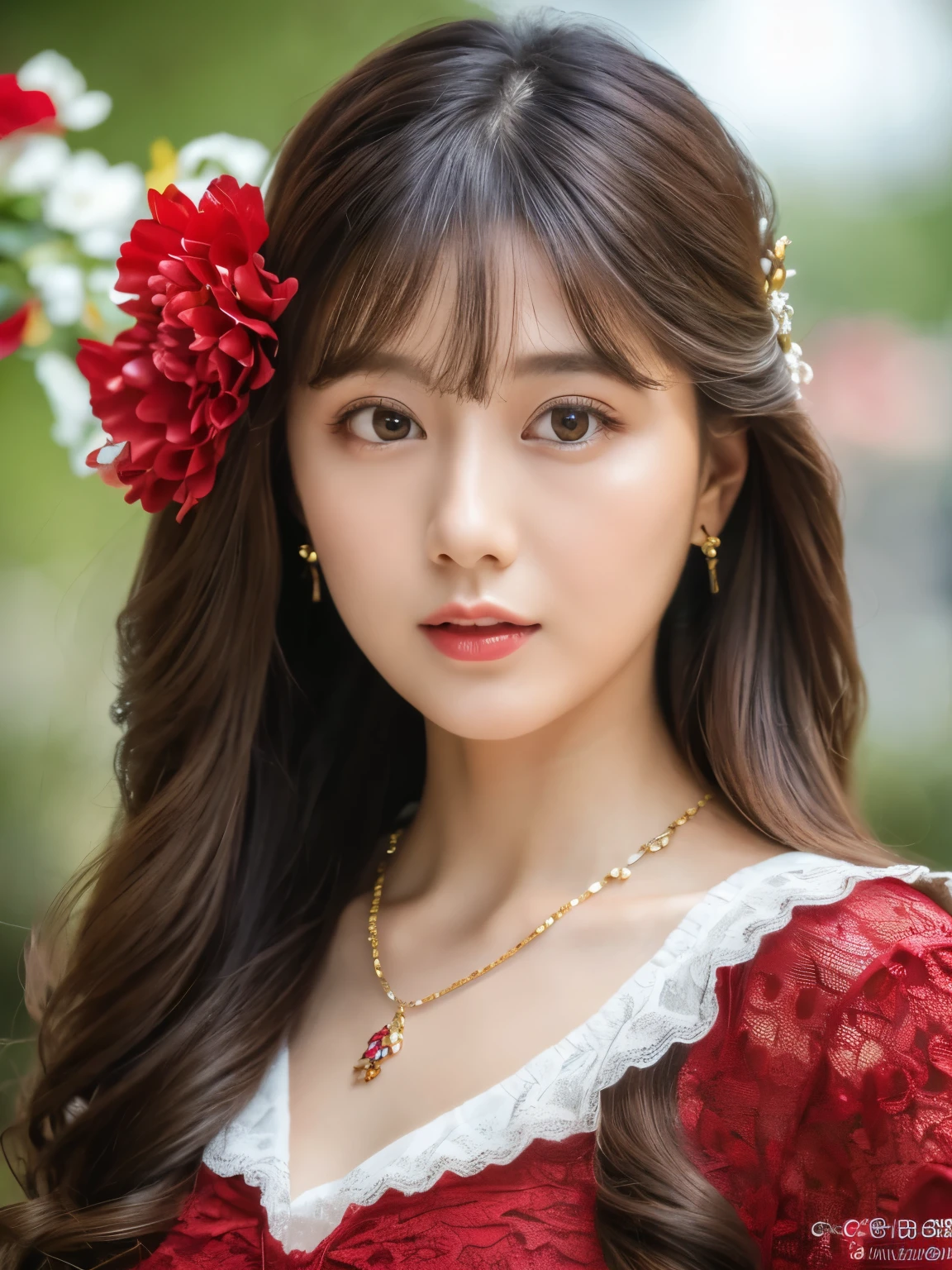 8k, masterpiece, 1 girl, beautiful face, white skin, very long hair, light makeup, detailed eyes, detailed lips, small breasts tight, realistic detailed, very detailed dress, princess dress, (red dress:1.2), (wearing jewellery:1.5), (lace:1.4), at the stage background, attractive poses,forest background, green background, Half body shot, 
