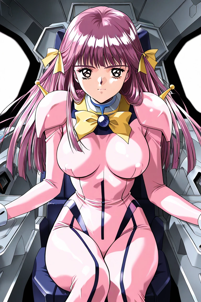 1990s (style), 1980s (style), retro artstyle, One girl, robot girl, robot, white_robot_articulations, NSFW, pink_hair, long_hair