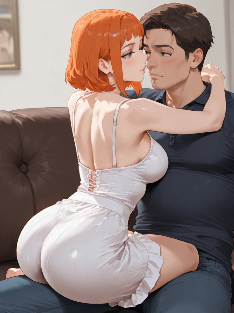 NSFW maddie fenton, a sexy milf, mature body, pixiv artwork, masterpiece, wearing a skintight long grey dress accentuating her curves, raping boy, orange hair, bobcut, seductive, no panties, curvy toned physique with big breasts and ass and tiny waist, body made for sex, no bra, ready to fuck, very sexy and seductive position, crazy but sexy look in her eyes, dominating boy, dominant woman, femdom, cumming, mother and son, size difference, holding boy in an embrace, mother's love