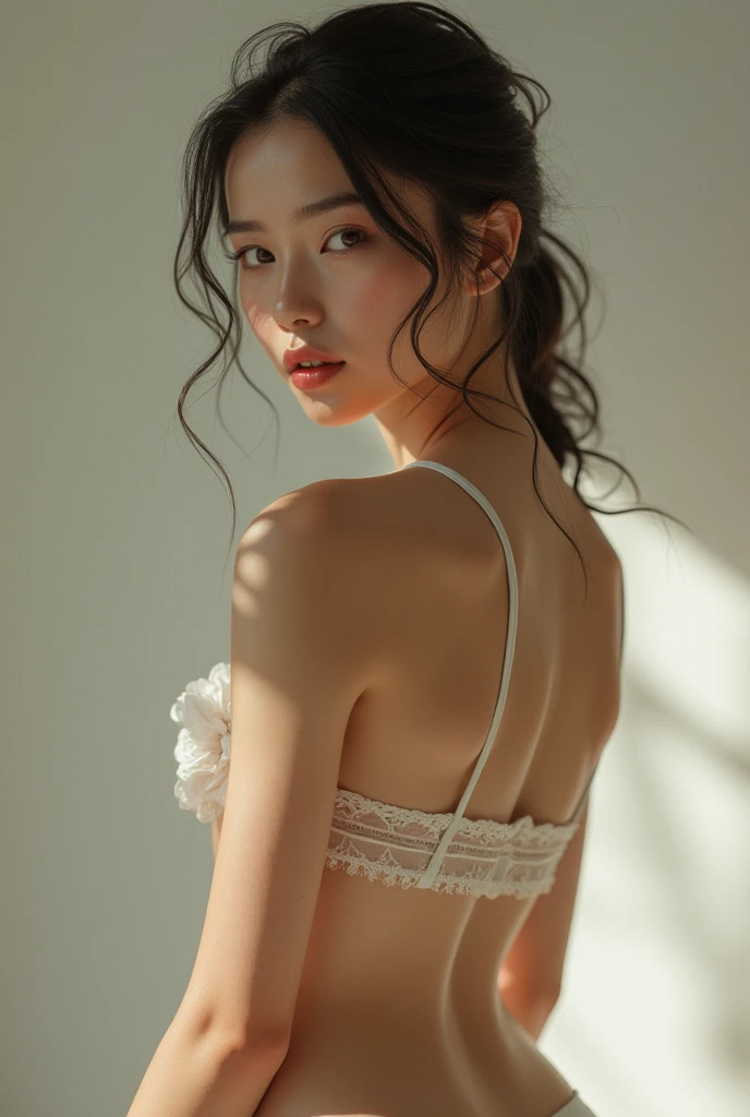 ((Highest quality, 8k, masterpiece :1.3)), (Sharp focus :1.2, Beautiful woman with perfect figure :1.4, Slim Abs :1.2), ((Big Breasts, Emphasize cleavage:1.3)), (Photorealistic:1.4), (realistic:1.4), (Short Bob Hair, Light brown hair:1.5), Highly detailed face and skin texture, Fine grain, double eyelid. Makeup face, A little bit of lipstick, sex appeal, Sexy gravure pose, ((A beautiful woman wearing white lace lingerie、Sexy pose showing her back in a luxurious bedroom。A pearl necklace glitters along her collarbone。:1.3))