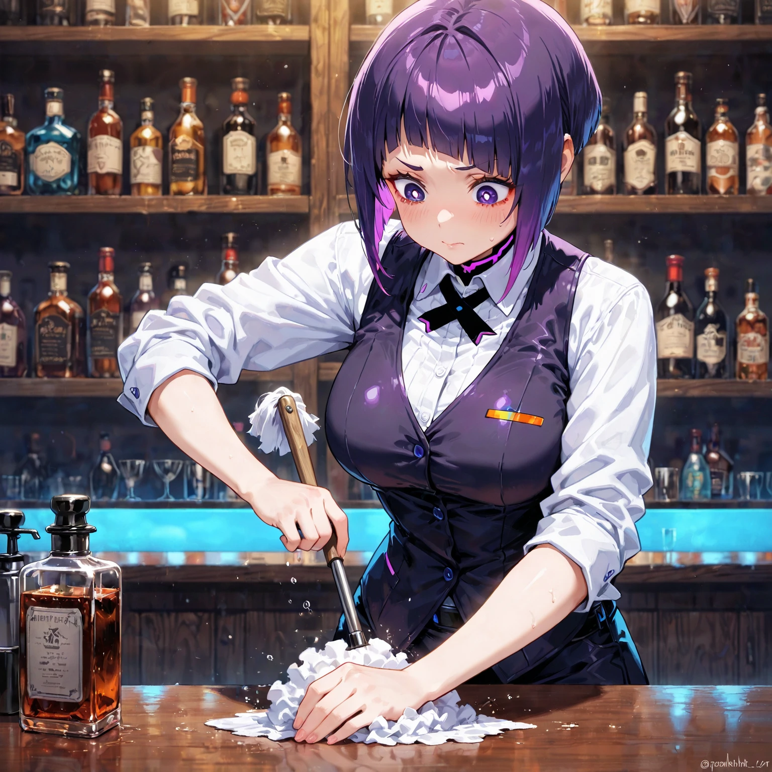 ((masutepiece)), ((Best Quality)), (Ultra-detailed), ((Extremely detailed)), 4K, (8K), Best Quality, (Beautiful), Highly detailed game CG, a bar counter, mai shiranui, nffsw, Suit, Beautiful purple hair, Beautiful black eyes, ((Beautiful eyes)), large full breasts, fingered gloves, lightsmile