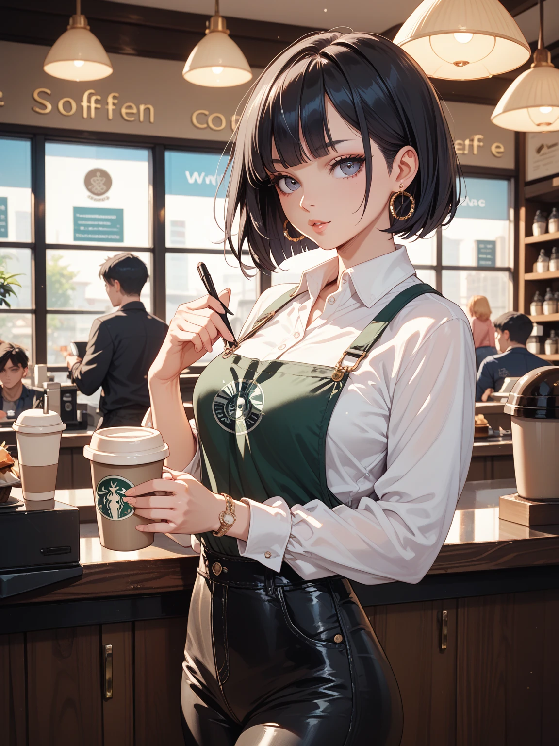(((embarrassed,blush:1.3), ,(steam:0.8),(Wet:0.8),(Sweat:0.8),(trembling:1.3) ,(Parted lips:1.3),(half-open eyes:1.4),(Feeling weak:1.5)))、(Beautiful nipple、Looking at the camera、Feeling Inserted、small tits、Stick out the tongue、spasming、Gentle smile,wince,:1.3),awaiting tongue,(Starbucks Coffee Uniform、Fold your hands behind your back、full body Esbian、bending forward、Working at Starbucks Coffee:1.5)、Pretty Girl VN02, 1girl in, Solo, masutepiece, 1girl in, best qualtiy, Ultra Detail, (shiny), Small, (milky skin:1.2),blush, In lace stockings, bow ribbon, yellow_Eyes, A dark-haired、 NSFW,(((Beautiful breasts and small breasts)))、Japan's cutest 18-year-old beautiful girl