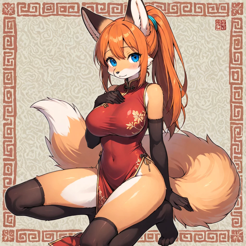 holo is a wolf , furry, fox tail, china dress, thick thighs, female furry mini cute style