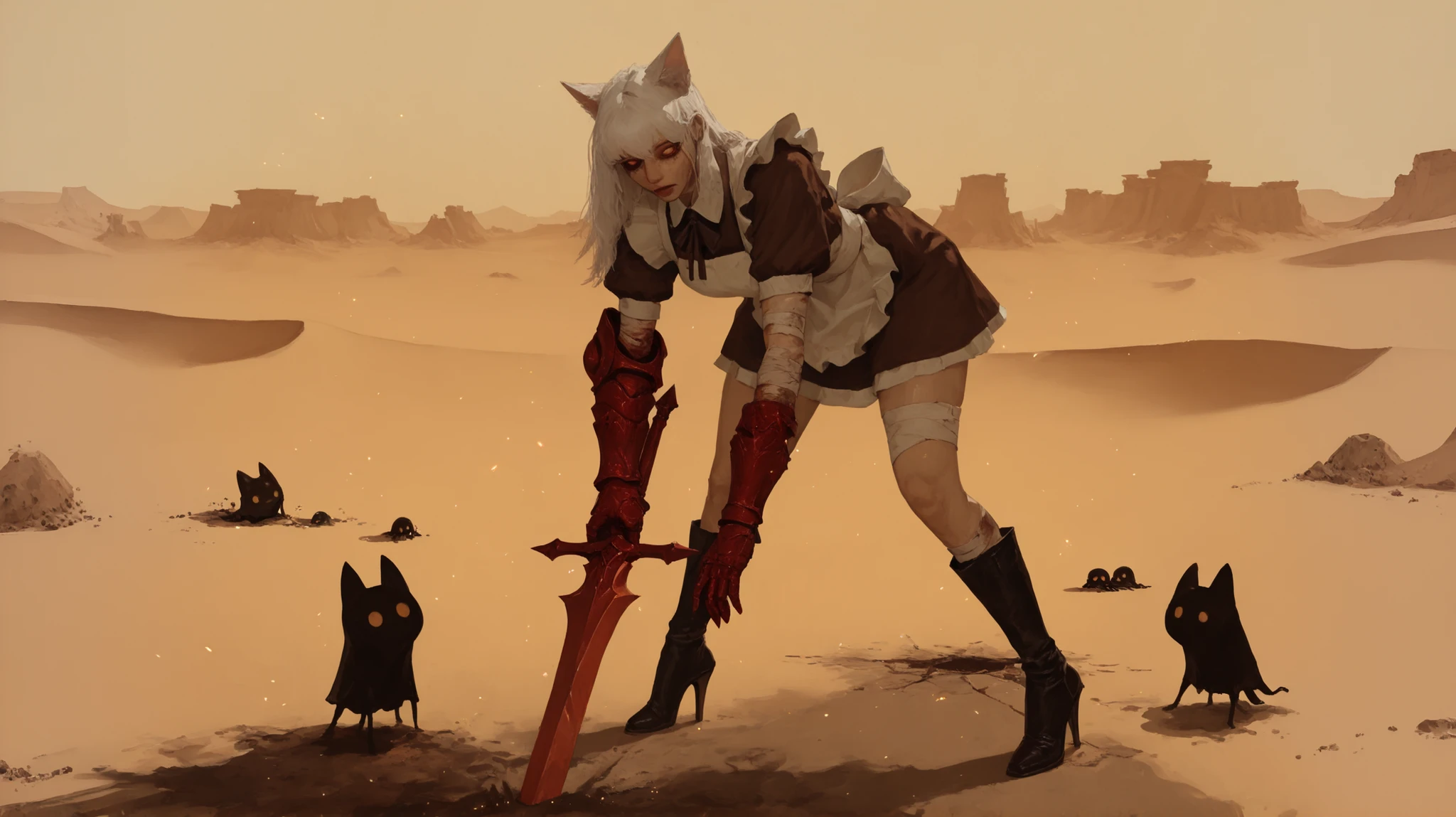 A beautiful girl with cat ears, short white hair, with a long side fringe, ojos rojos, sharp eye, beautiful skin, extremely nice body, pretty face, A maid's uniform, short skirts, (maid) , (A big red gauntlet on her right arm), (left arm without a gauntlet hands bandaged) (a long sword in his hand), (black boots with heels), beautiful thighs, (She is standing) de fondo desert con ruinas, stagnant water, Moldy walls, brown colors, dust, Particles , strokes of volumetric light, (Post Apocalyptic Environment), (Derrumbe), ((black creature on the floor)), (desert), (Garbage on the floor)