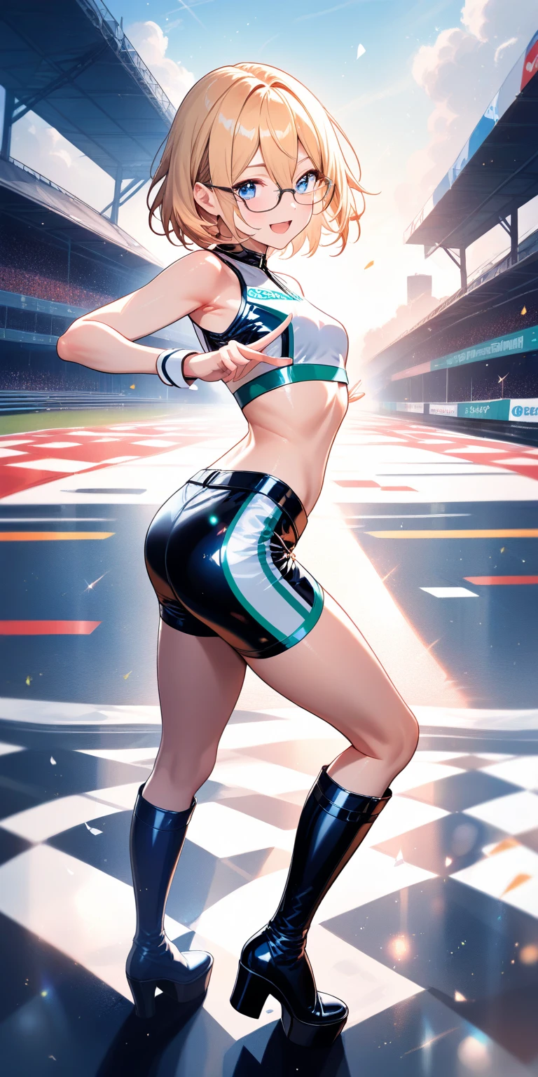Highest quality, Great quality, 16K, Unbelievably absurd, Very detailed, 2.5D, delicate and dynamic,blue sky, Small face, Very delicate look, Delicate eye depiction, Very Fine Hair, Sexy Woman, Muscular, Height: 175cm, Blonde,Short Hair,Sexy long legs,Race Queen , 派手なRace Queenのコスチューム,Tight Skirt, White Leather Long Boots, Auto Racing Track,Glowing Skin,Cinema Lighting, (完璧なGlowing Skin:0.6),Always high quality CG Unity 8K wallpapers